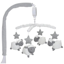 Musical mobile featuring three plush sheep and two gray stars, designed to hang over a crib.