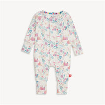 Convertible coverall in modal fabric featuring a whimsical print of castles, flowers, and animals, with snaps down the front.