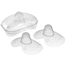 Breastfeeding nipple shields in a clear case, featuring two transparent nipple shields with ventilation holes, labeled L and R.