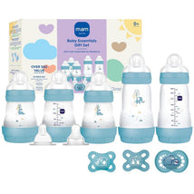 Matte feeding set for newborns, includes four bottles with cute animal designs, two pacifiers, and gift packaging.