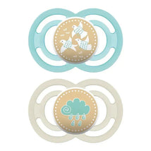 Mam Perfect Baby Neutral Pacifier set features two pacifiers with a blue bird design and a beige cloud design, suitable for ages 6M+.