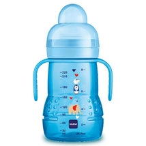 Blue 8 oz sippy cup with handles, featuring animal illustrations and measurement markings, suitable for boys aged 4 months and older.