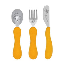 Easy Grip Cutlery Set by Marcus & Marcus, featuring a spoon, fork, and knife with yellow handles and animal illustrations.