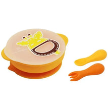 Toddler self-feeding set featuring a yellow giraffe-themed bowl and orange spoon and fork.