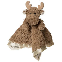 Soft brown moose character blanket with plush texture and satin trim, designed for infants and toddlers.