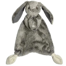 Grey Silky Bunny Lovey with a soft fabric body, striped inner ears, and knotted ends for comfort.