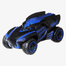 Black Panther-themed Hot Wheels car, featuring a sleek black body with blue accents and detailed wheels.