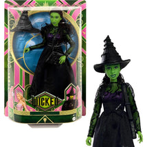 Wicked Core Doll of Elphaba from Mattel, featuring green skin, a black dress, and a pointed hat, in packaging.
