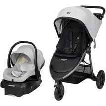 Maxi-Cosi Gia XP Luxe 3-Wheel Travel System in Midnight Moon with a stroller and infant car seat.