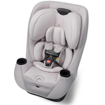 Maxi-Cosi Pria Max All-in-One Convertible Car Seat in Oyster Shell color, featuring plush padding, safety harness, and cup holders.