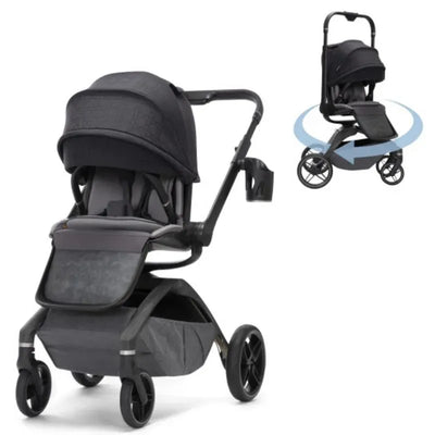 Maxi-Cosi Tana 360 Rotating Modular Stroller in Onyx Heritage, featuring a black canopy, adjustable seat, and spacious storage basket.