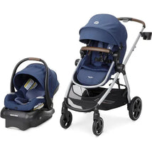 5-in-1 Modular Travel System featuring a navy stroller with a brown handle and a detachable infant car seat.