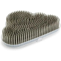 Countertop baby bottle drying rack with a heart-shaped design, featuring numerous vertical pegs for efficient drying.