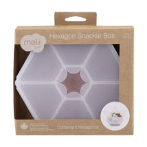 Luxe hexagon snackle box by Melii, featuring a clear container with six compartments, packaged in a cardboard box.