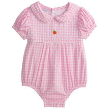 Baby pink gingham bubble outfit with short puff sleeves and a collar; features an embroidered pumpkin on the front.