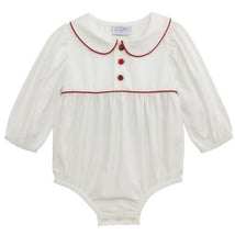 White baby bubble outfit with long sleeves, a rounded collar, red trim, and buttons down the front.