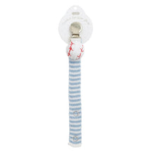 Crochet pacifier strap featuring a baseball-shaped holder and blue and white striped fabric.