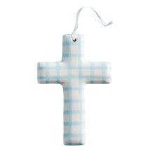 Ceramic cross in a blue checkerboard pattern, hangs from a white ribbon, designed for decorative use.