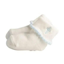 Cross foldover socks for infants, featuring a white body with a light blue trim and cross detail, sized for 0-6 months.