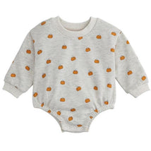 Light gray sweatshirt bubble with orange pumpkin prints, designed for infants aged 3 to 6 months.