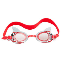 Shark-themed swim goggles with red straps, featuring fins and a playful design suitable for kids.