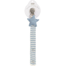 Crochet pacifier strap featuring a light blue striped design and a star-shaped clip for attaching pacifiers.