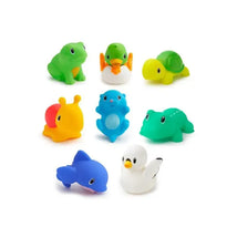 Colorful rubber bath toys featuring a frog, duck, turtle, snail, otter, dolphin, and swan, ideal for children’s bath time fun.