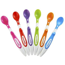 Six colorful Munchkin soft-tip infant spoons in pink, red, purple, green, orange, and blue, designed for baby feeding.