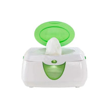 Munchkin Warm Glow Wipe Warmer with a white exterior and green lid, dispensing a warm baby wipe.