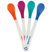 Munchkin White Hot Infant Spoons set, featuring four colorful spoons in orange, pink, teal, and blue, designed for feeding infants.