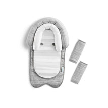 Grey Munchkin Xtraguard Antimicrobial Head Support with two matching strap covers, featuring soft padding and safety straps.
