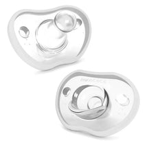 Two Nanobebe Flexy Pacifiers in white for infants 0-3 months, featuring a soft silicone nipple and rounded design.