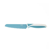 Child-safe sky blue knife with a serrated edge and ergonomic white handle, designed for safe food preparation.