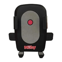Nuby stroller phone holder in black with a gray center and red button, designed to secure smartphones while on the go.