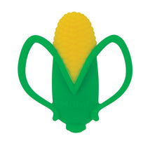 Soft baby teething toy shaped like corn, featuring a textured yellow kernel and green handles for easy gripping.