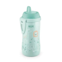 10 oz NUK active hard spout sippy cup for ages 9 months and up, featuring animal designs of a giraffe, lion, and elephant.