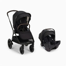 Nuna Pipa Urbn car seat and Triv™ Next stroller in Caviar color, featuring a sleek design with a compact car seat and stroller base.