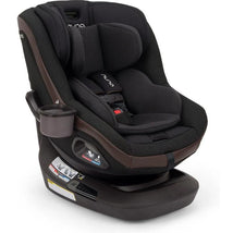 Nuna REVV™ maxx Rotating Convertible Car Seat in Caviar color, featuring an ergonomic design, adjustable headrest, and cup holder.