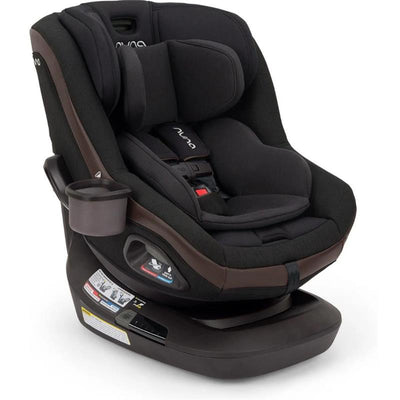Nuna REVV™ maxx Rotating Convertible Car Seat in Caviar color, featuring an ergonomic design, adjustable headrest, and cup holder.