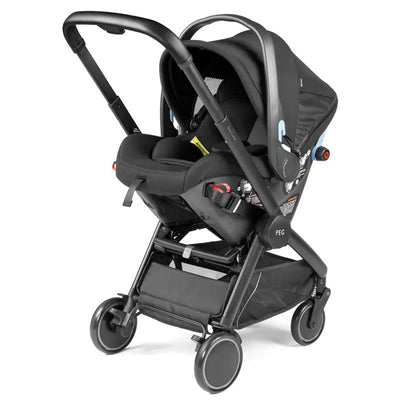 Peg Perego City Loop Infant Car Seat & Stroller Combo with Primo Viaggio 4-35 features a sleek black design, convenient storage, and safety indicators.