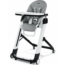 High chair in Ice-Light Grey by Peg Perego featuring a padded seat, adjustable height, safety straps, and a removable tray.