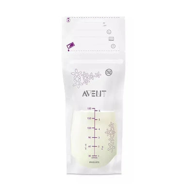 Avent 50ct breast milk storage bags, 6oz/180ml, featuring a measurement scale and flower design, for safe milk storage.