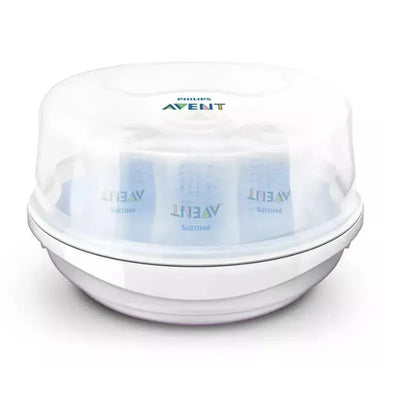 Microwave steam sterilizer by Philips Avent with a transparent lid and multiple baby bottles inside.