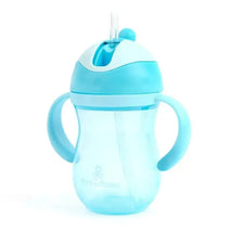 9 oz blue straw cup with two handles, designed for children, featuring a detachable straw and spill-proof lid.