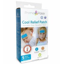 Primo Passi Cool Relief Patch packaging featuring images of a baby and a child using fever patches. Contains 5 patches.