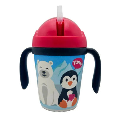 Bamboo fiber kids cup featuring a penguin and polar bear design, with a red lid, handle, and straw.