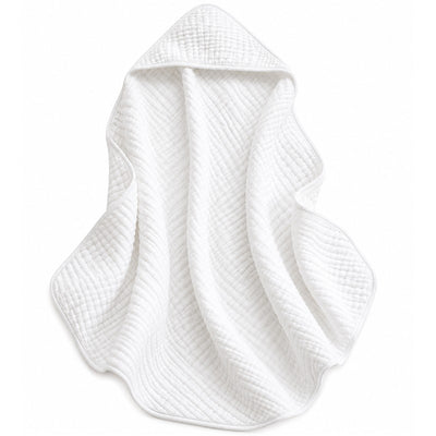 Extra large 40x40 inch white hooded bath towel with a textured surface, designed for comfort and warmth.