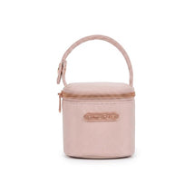 Pink Primo Passi pacifier bag with a zipper and handle, designed for convenient pacifier storage.