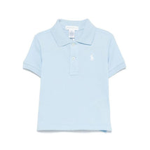 Short sleeve baby polo shirt in solid office blue with a small white embroidered logo on the chest.