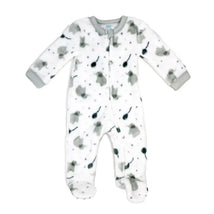 Baby neutral grey fleece sleeper featuring an elephant print and contrasting grey cuffs.